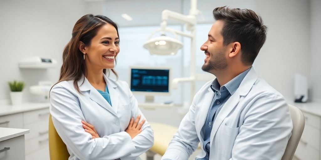 Lachender Zahnarzt in moderner Zahnarztpraxis.