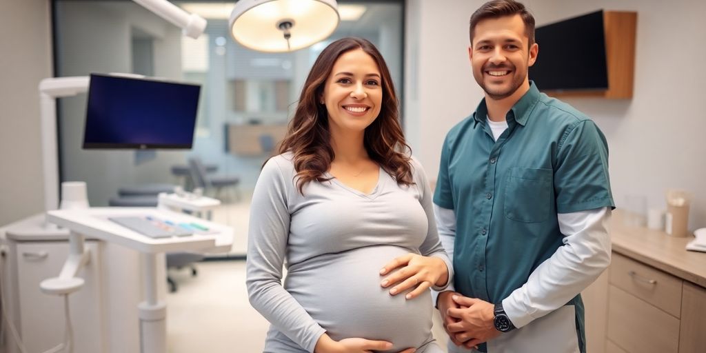 Strahlendes Lächeln einer werdenden Mutter bei der Zahnärztin.