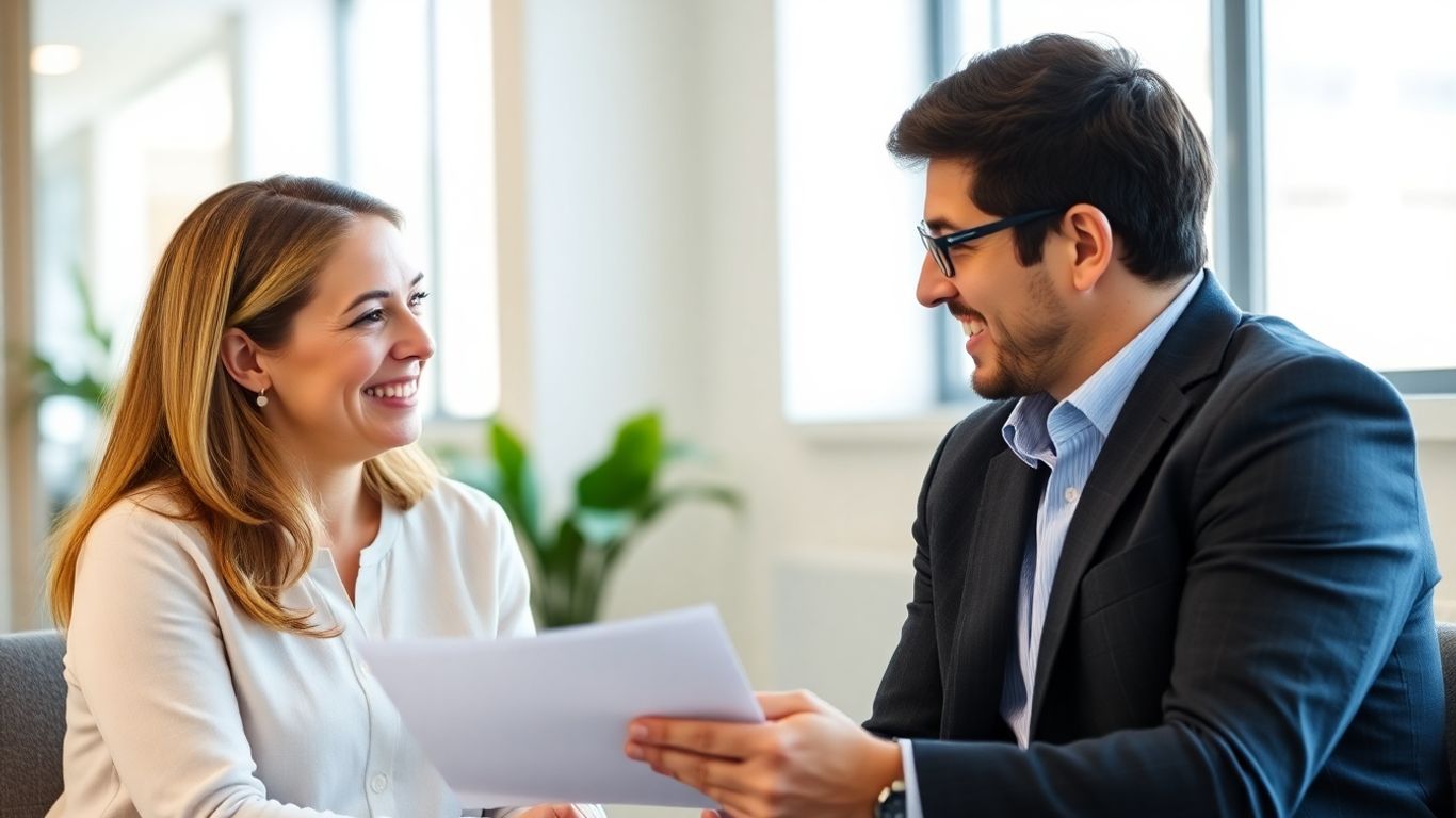 Versicherungsberater und Kunde im Gespräch im Büro.