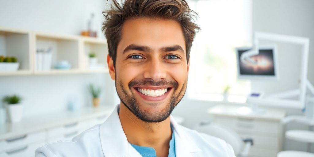 Zahnarzt lächelt in moderner Praxis
