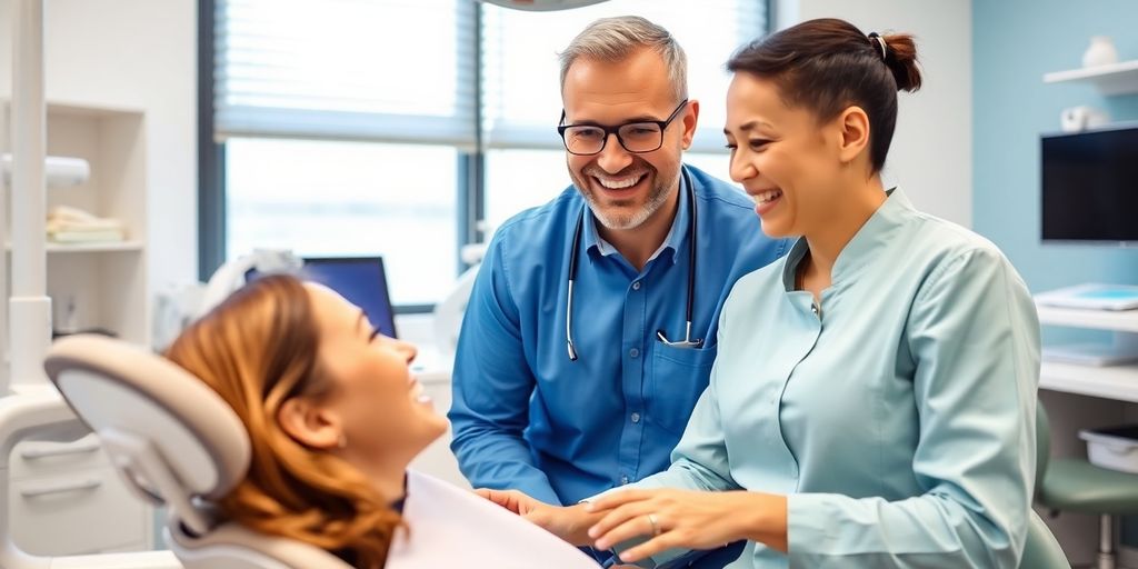 Zahnarzt lächelt in moderner Zahnarztpraxis mit Patienten.