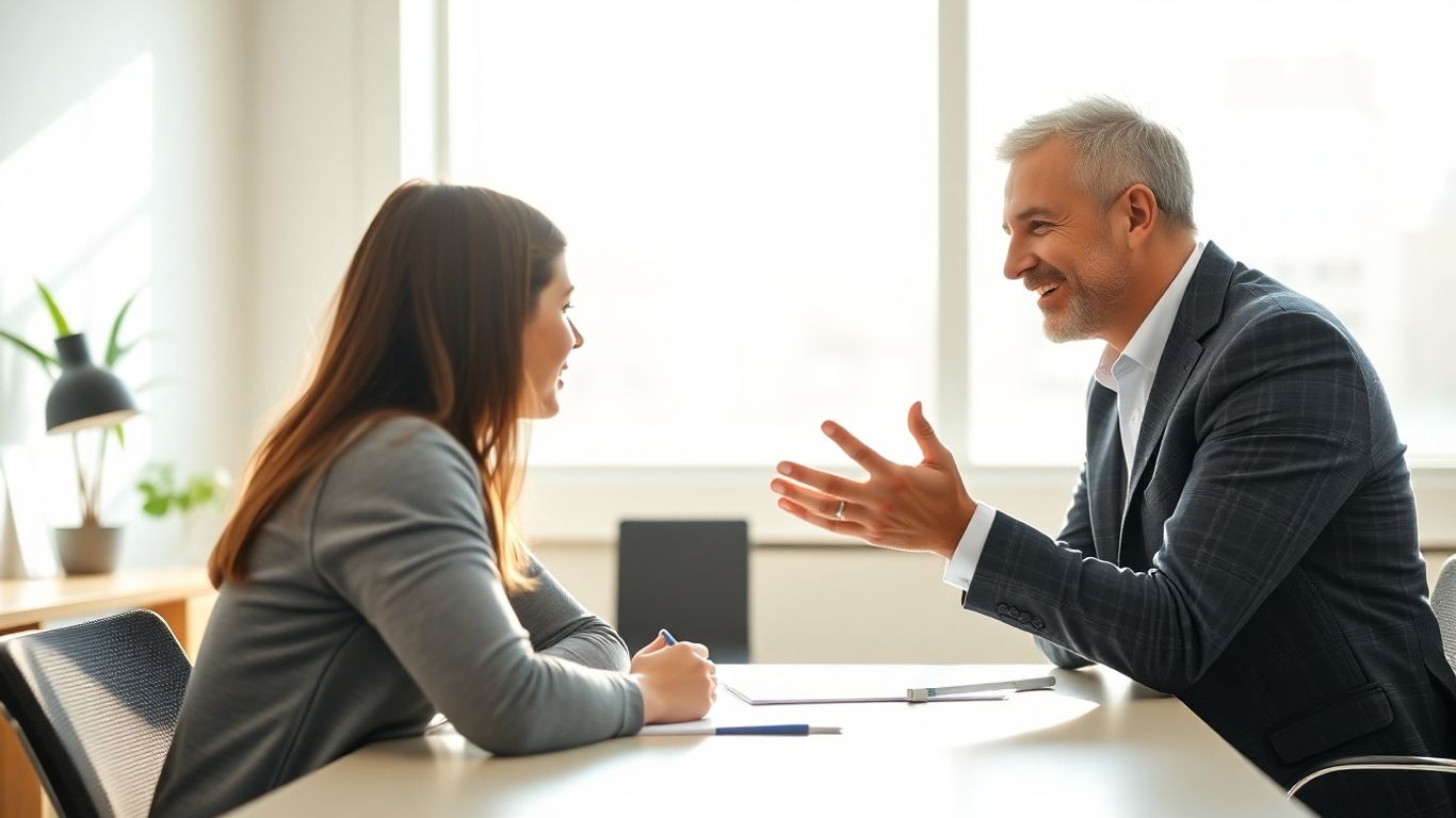 Versicherungsberater und Student im Gespräch im Büro.