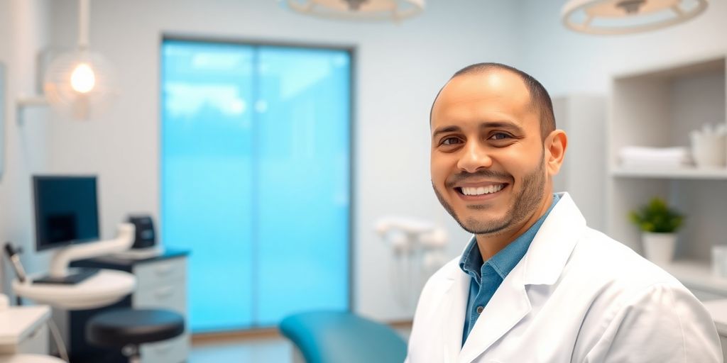 Zahnarzt lächelt in heller moderner Praxis