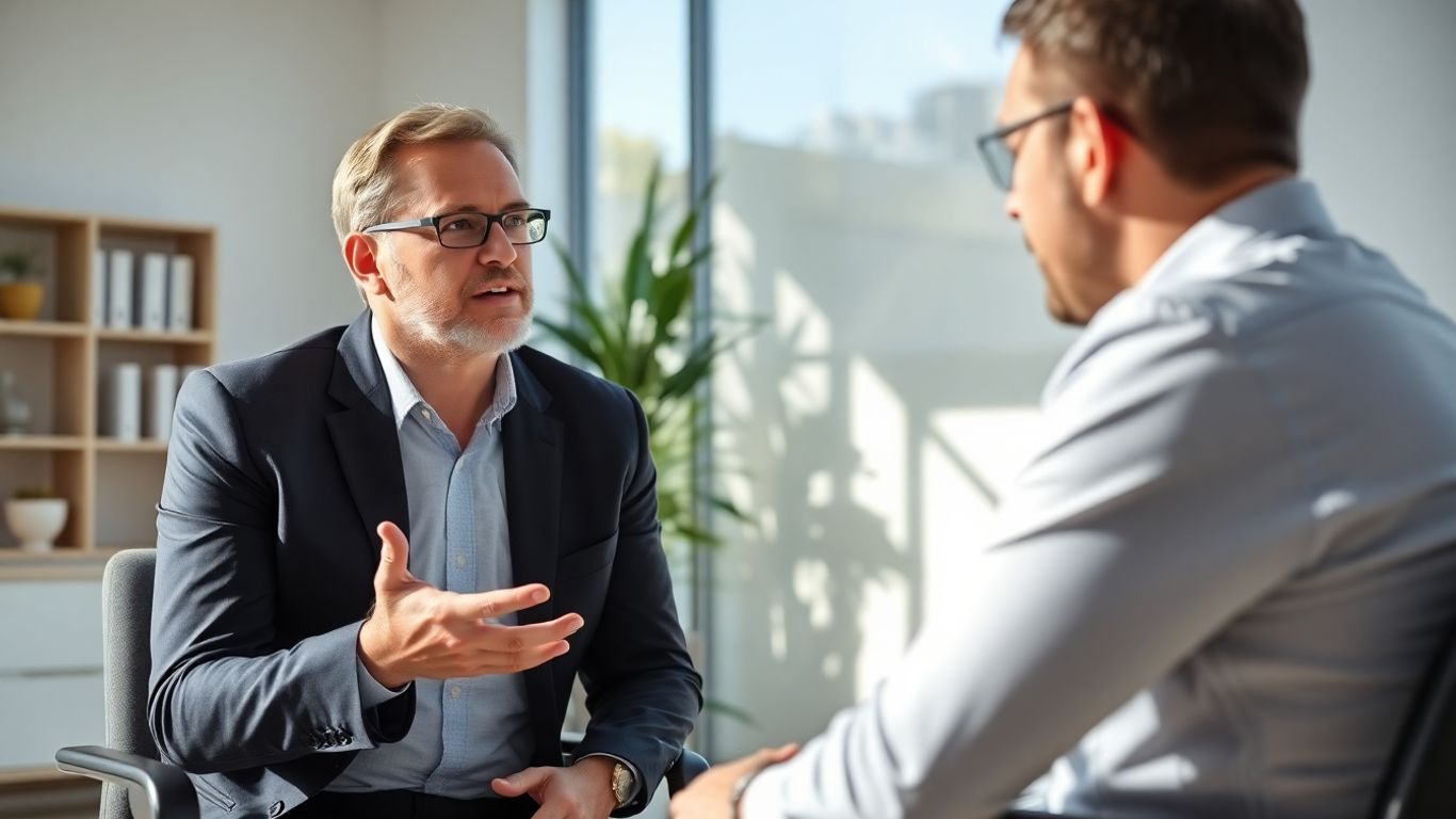 Versicherungsberater und Kunde im Gespräch im Büro.
