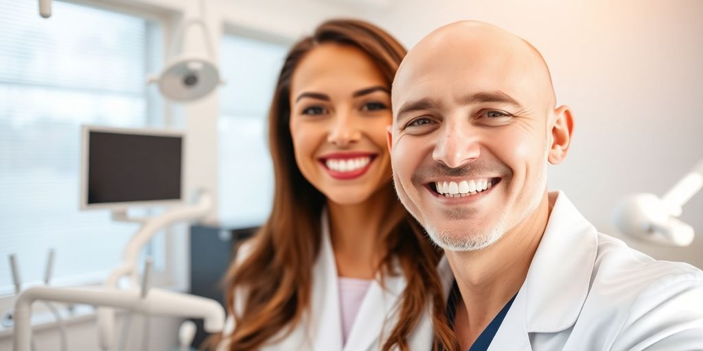 Zahnarzt lächelt in heller Praxis.