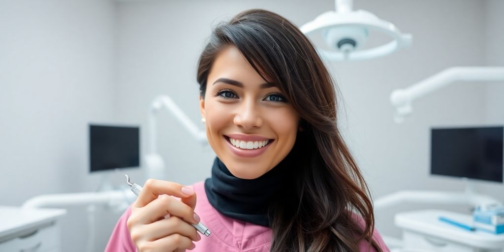 Zahnarzt lächelt in heller Zahnarztpraxis mit medizinischen Instrumenten.