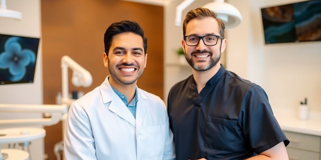 Zwei Zahnärzte lächeln in einer modernen Praxis.