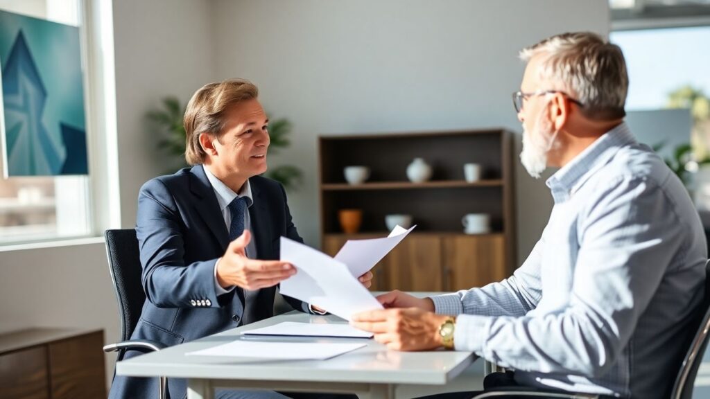 Berufsberater und Kunde im Gespräch im Büro