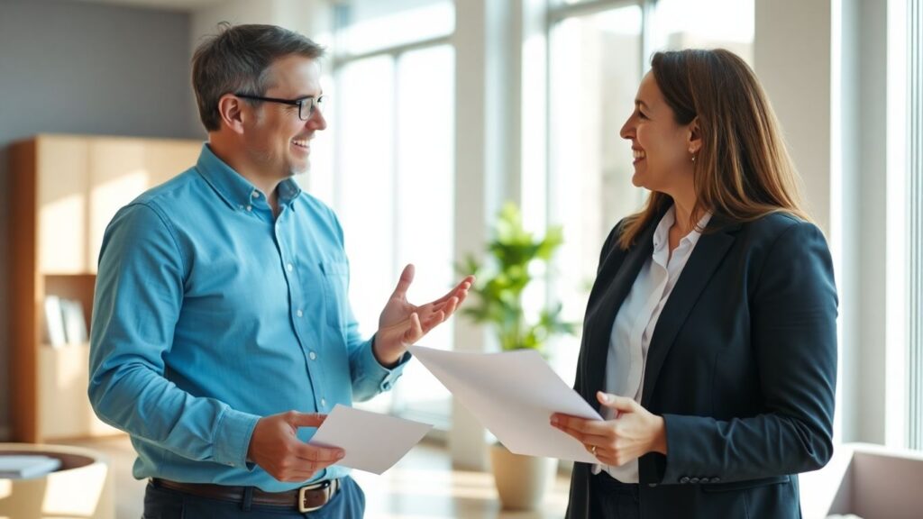 Versicherungsberater und Kunde im Gespräch im Büro.