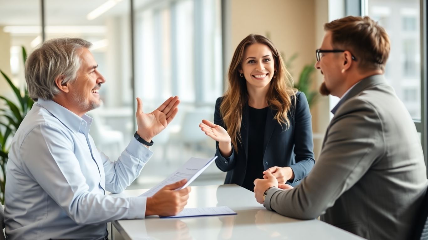 Versicherungsberater und Kunde im Gespräch im Büro.