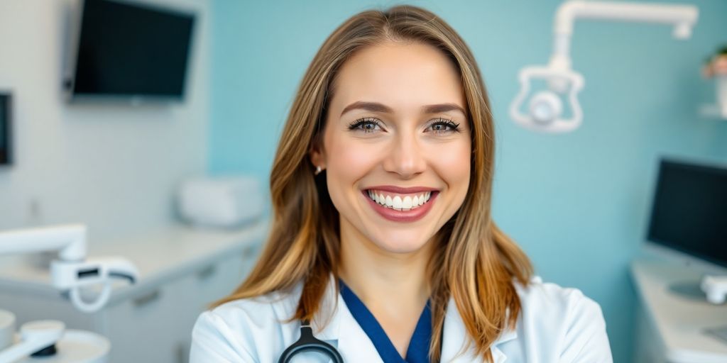 Zahnarzt lächelt in heller Praxis