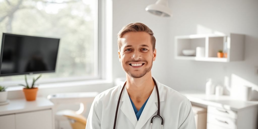 Zahnarzt lächelt in heller moderner Praxis