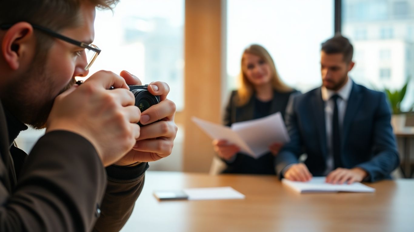 Fotograf prüft Kamera, Berater und Kunde im Büro.