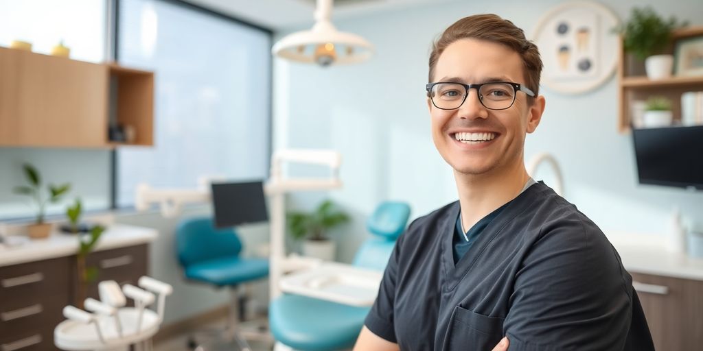 Lächelnder Zahnarzt in heller, moderner Praxis.