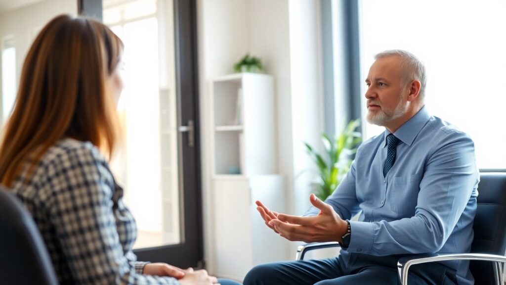 Versicherungsberater und Kunde im Gespräch im Büro.
