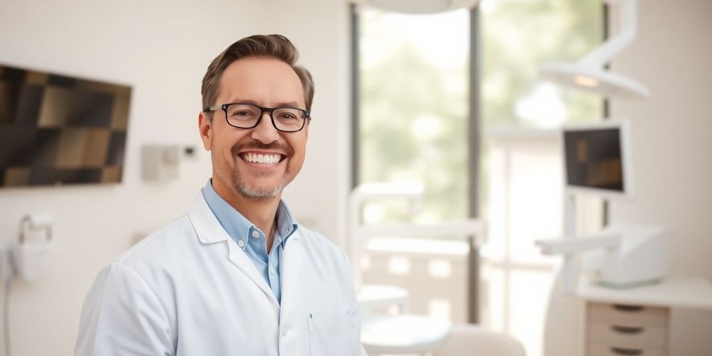 Zahnarz lächelt in heller Praxis