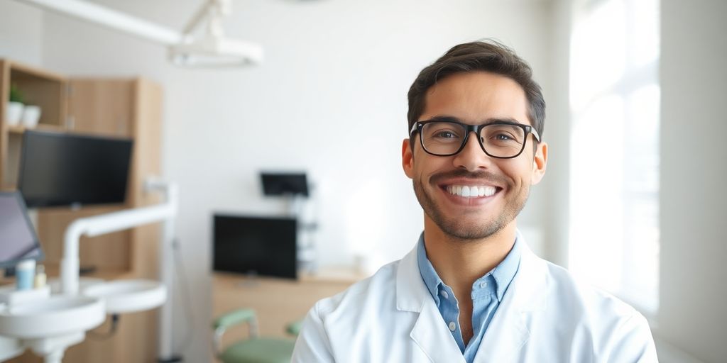 Lächelnder Zahnarzt in heller Praxis