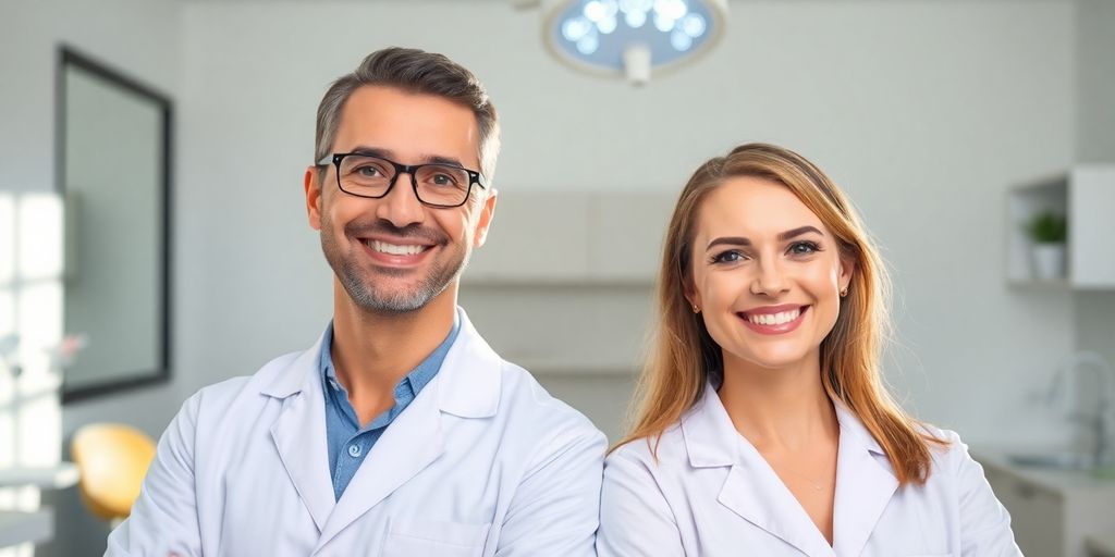 Zwei strahlende Zahnärzte lächeln in einer modernen Praxis.