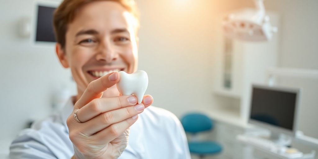 Ein zufriedener Zahnarzt lächelt in einer modernen Zahnarztpraxis.