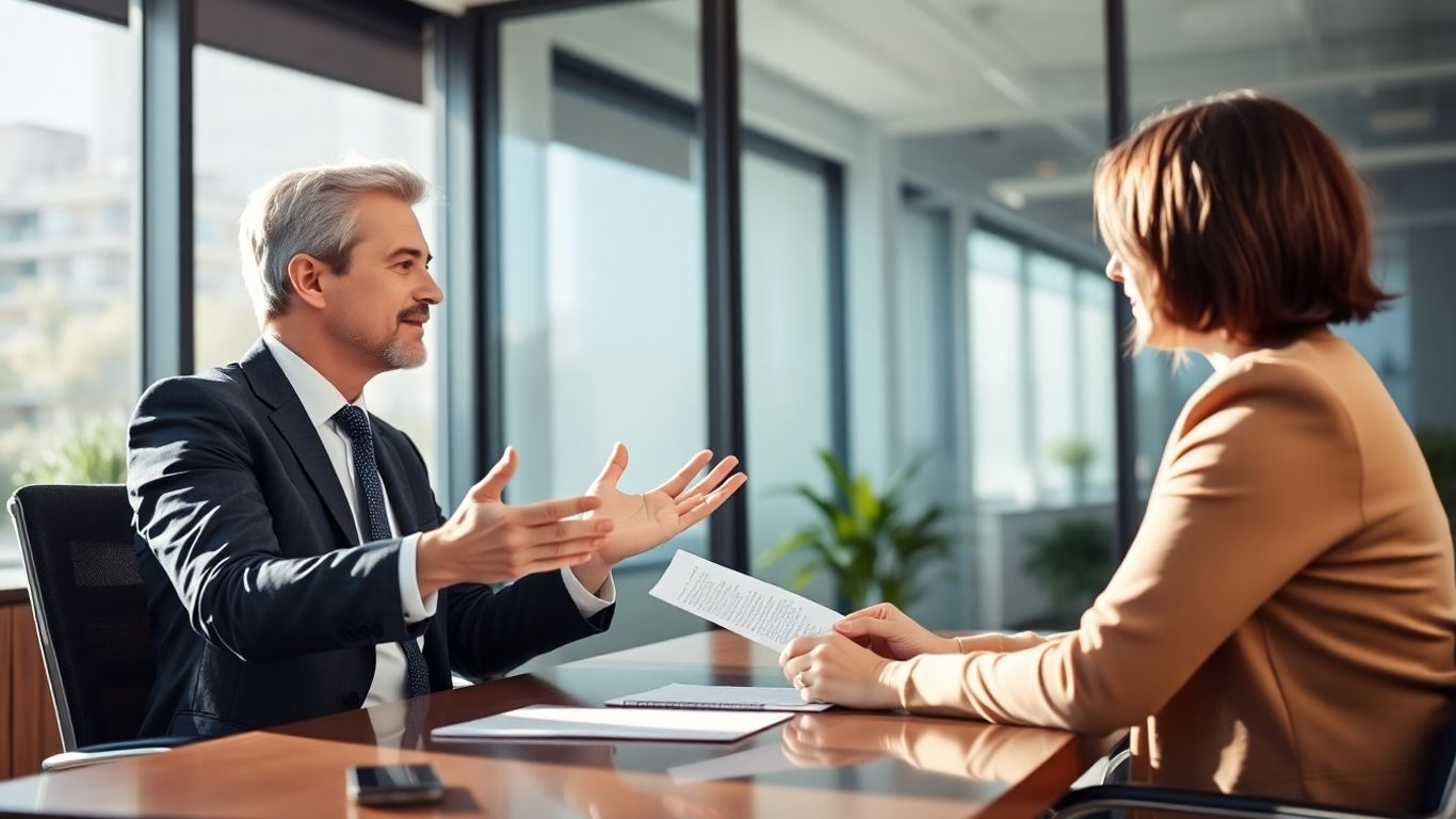 Versicherungsberater und Kunde im Gespräch im Büro.
