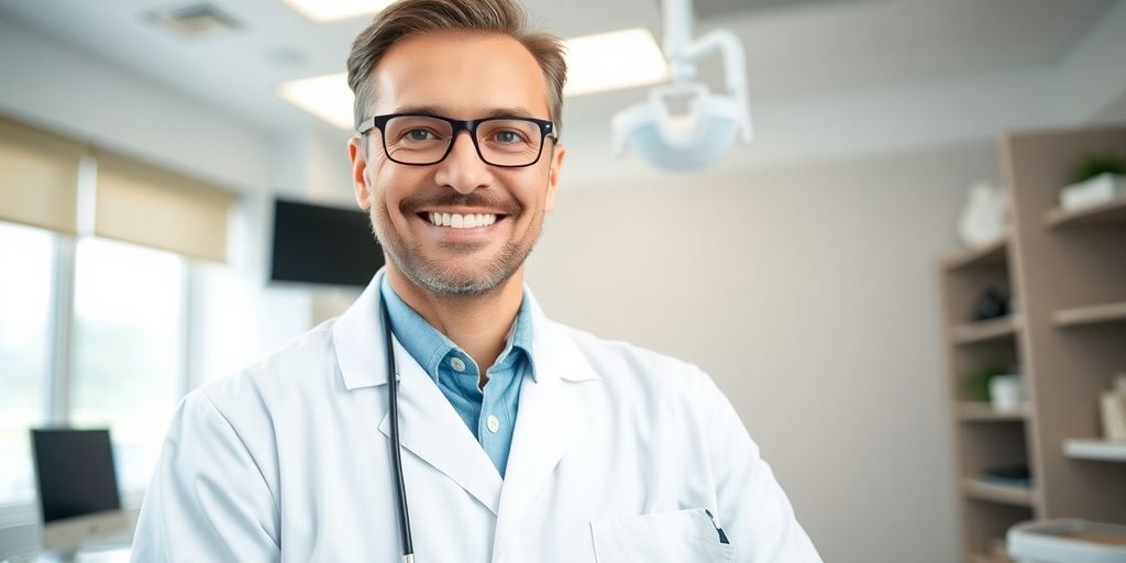 Zahnarzt lächelt in heller Praxis
