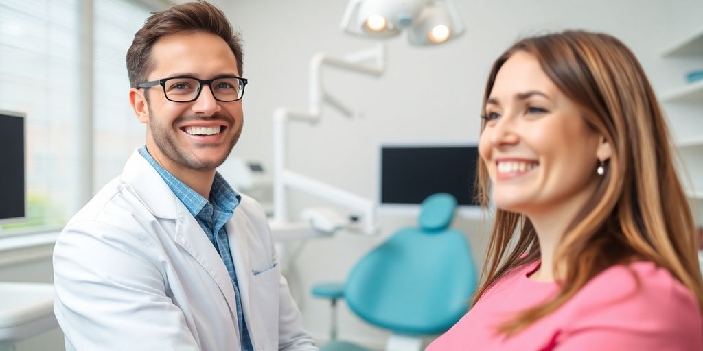 Zahnarzt lächelt hell in moderner Praxis.