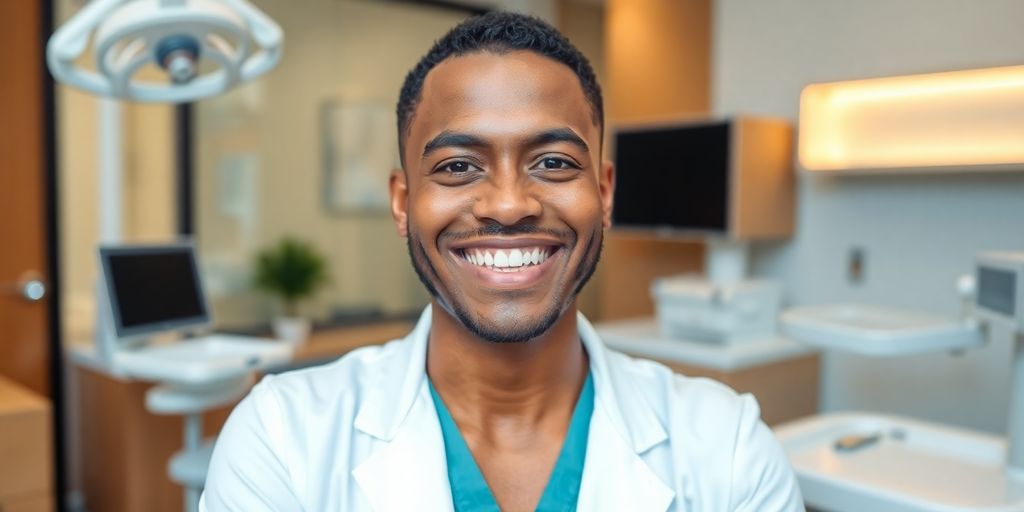 Strahlendes Lächeln eines Zahnarztes in moderner Praxis