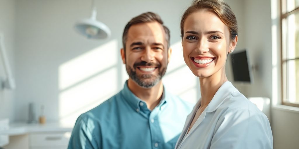 Lachender Zahnarzt in heller Praxis