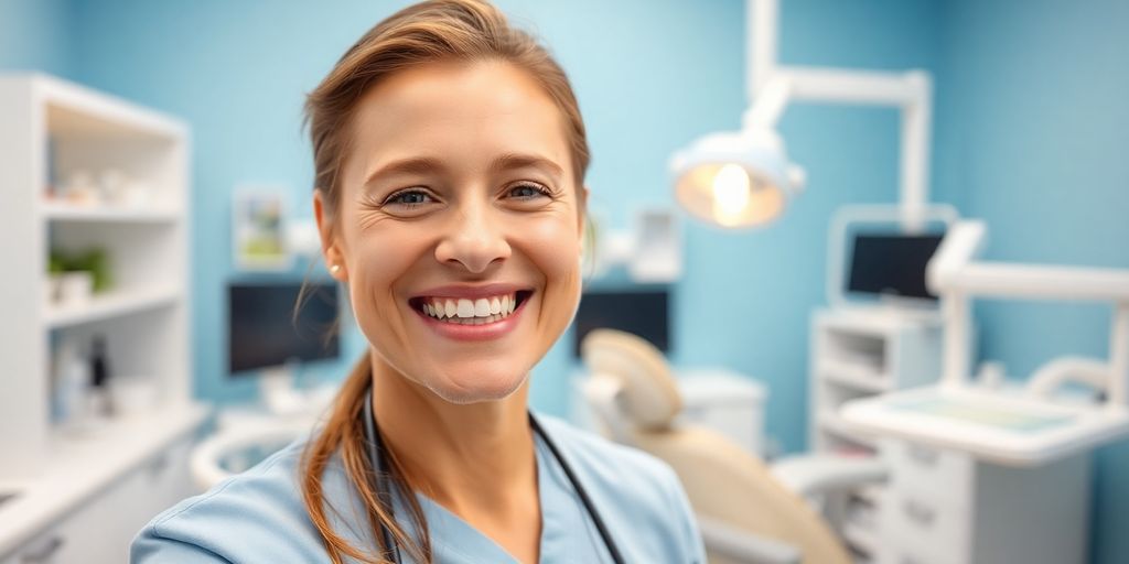 Zahnarzt lächelt in heller Praxis für Zahnzusatzversicherung.