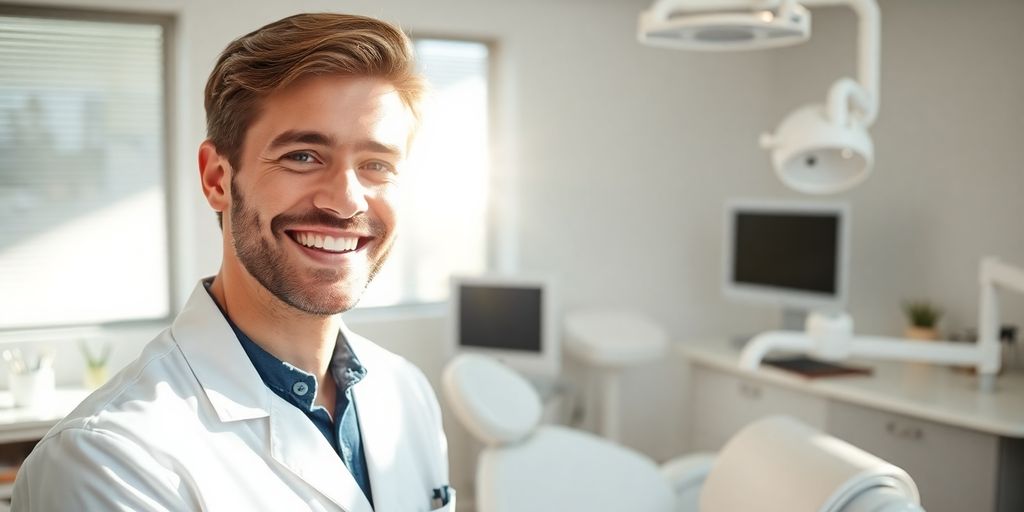 Zahnarzt lächelt in heller Praxis.