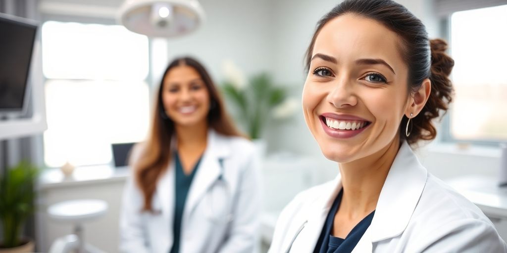 Lächelnde Zahnärztin in heller Praxis
