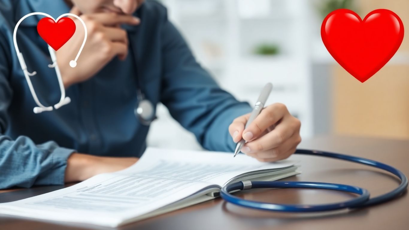 Person füllt Formular aus mit medizinischen Symbolen.