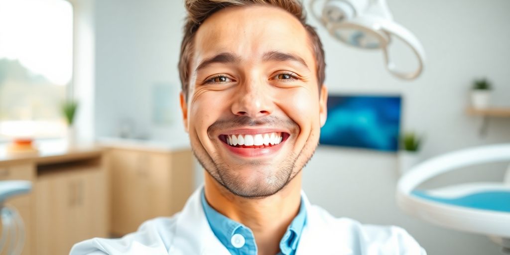 Zahnarzt lächelt in heller Praxis