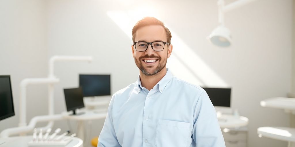 Zahnarzt lächelt in moderner Zahnarztpraxis.