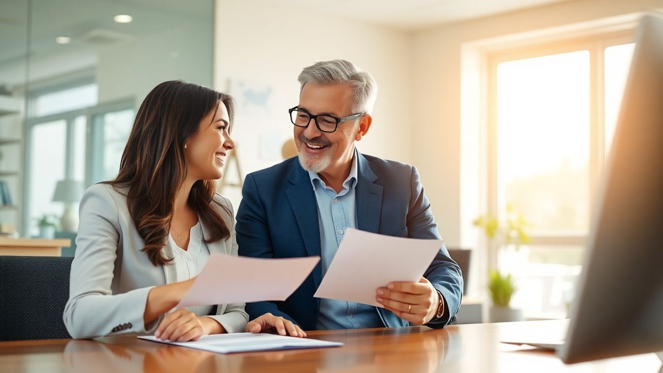 Versicherungsberater und Kunde im Gespräch im Büro