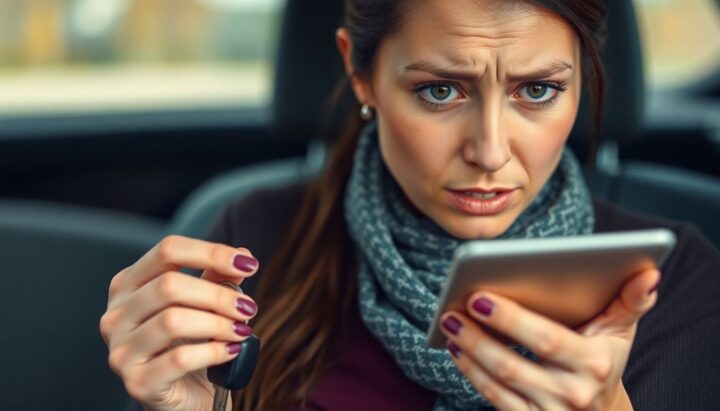 Woman looks worried about rising car insurance costs.