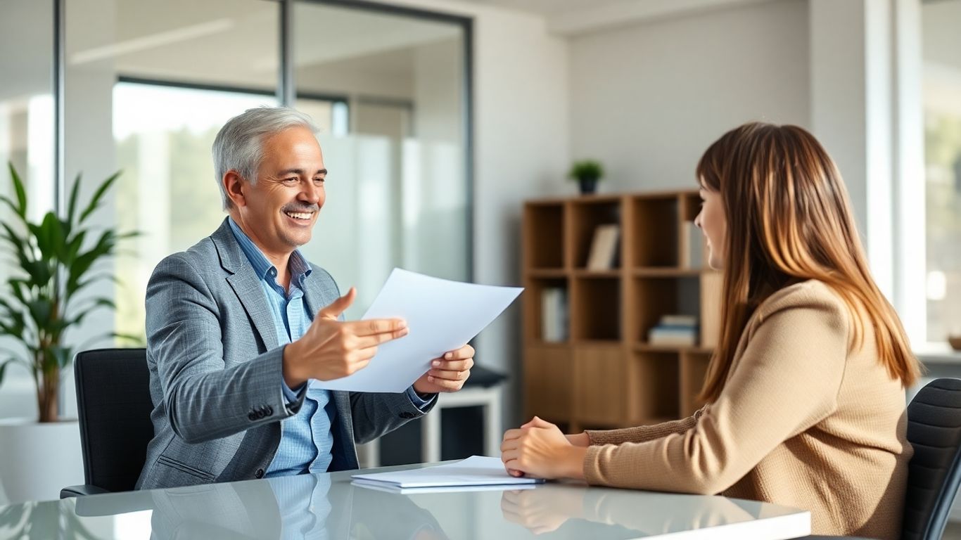 Versicherungsberater und Kunde im Gespräch im Büro.