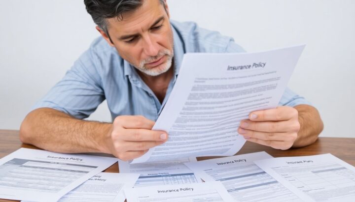 Man examines insurance policies, comparing different plans.