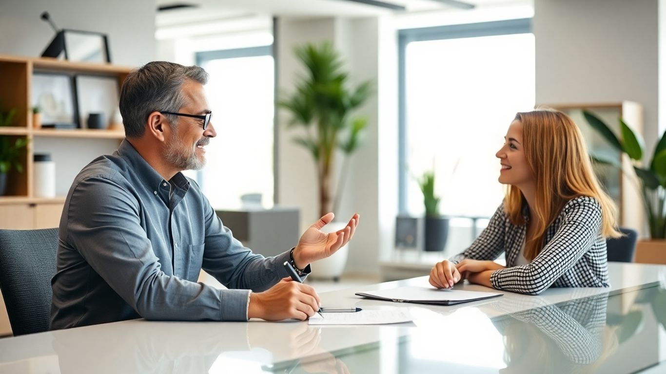 Versicherungsberater und Kunde im Gespräch im Büro.