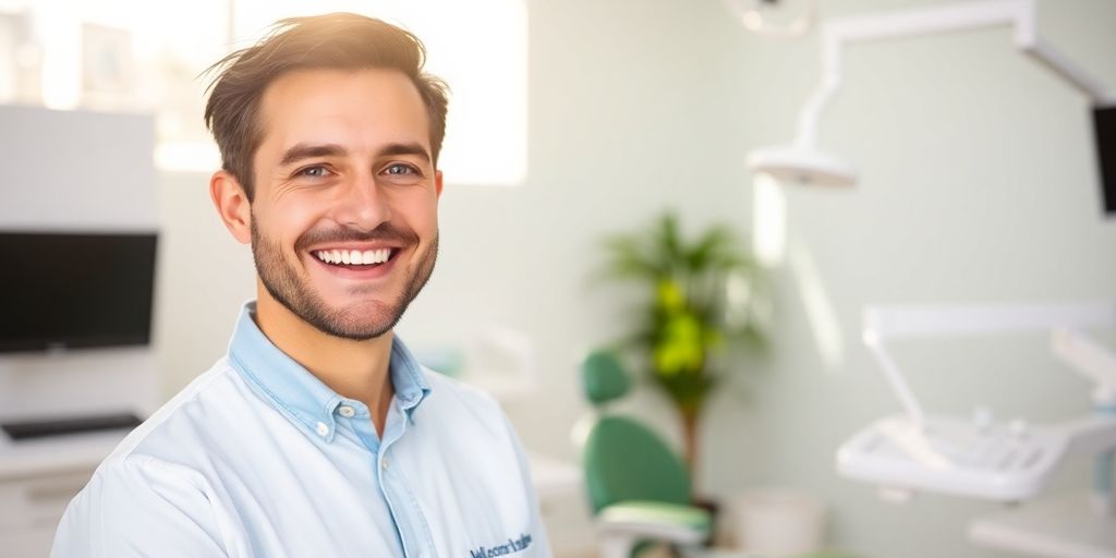 Lächelnder Zahnarzt in heller Praxis
