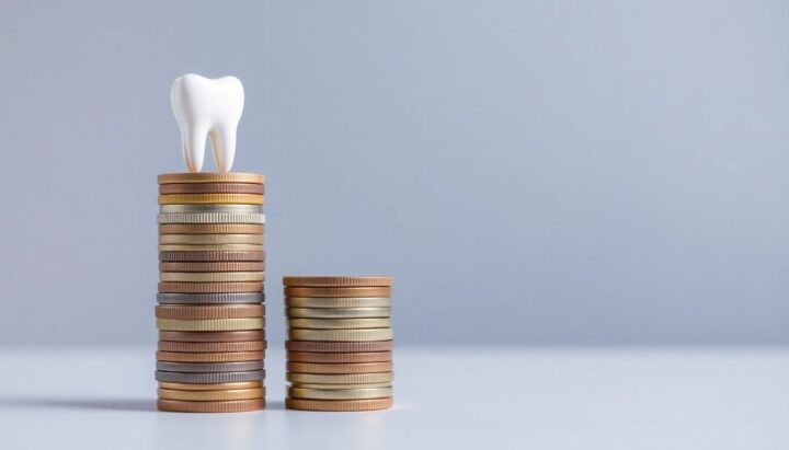 Rising costs of dental insurance visualized with increasing coins and a tooth.