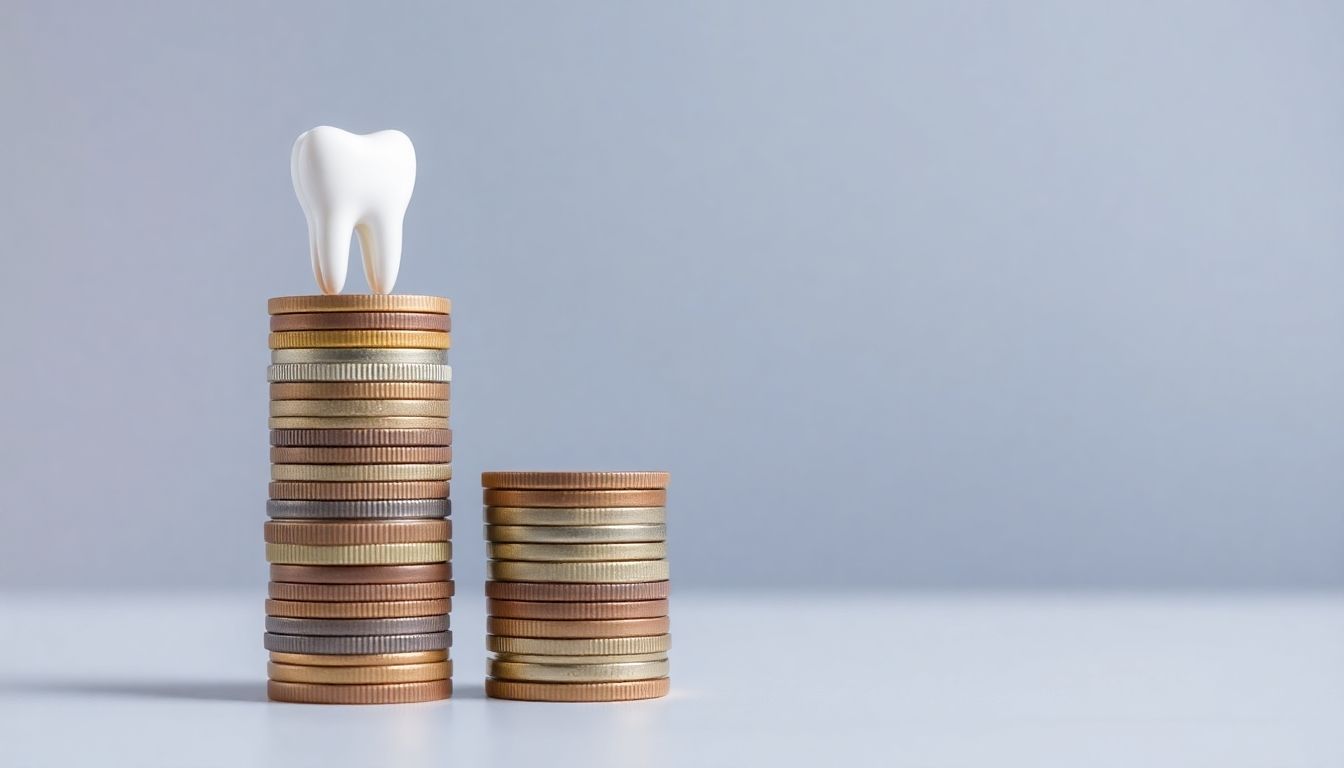Rising costs of dental insurance visualized with increasing coins and a tooth.