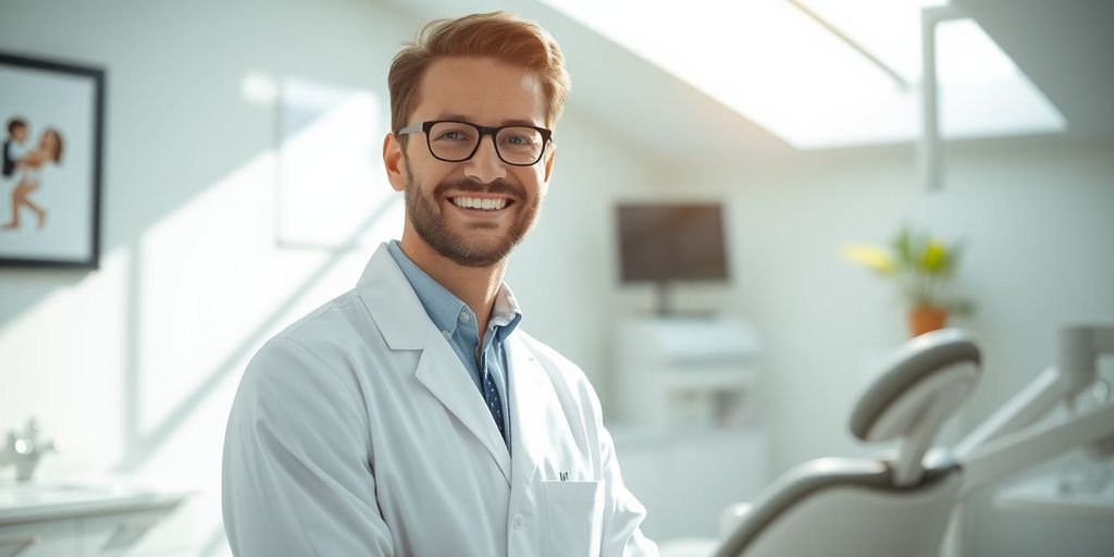 Glücklicher Zahnarzt lächelt in heller Praxis.