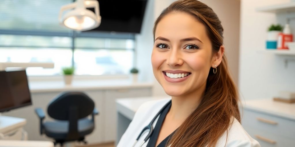 Zahnarzt lächelt in heller Praxis