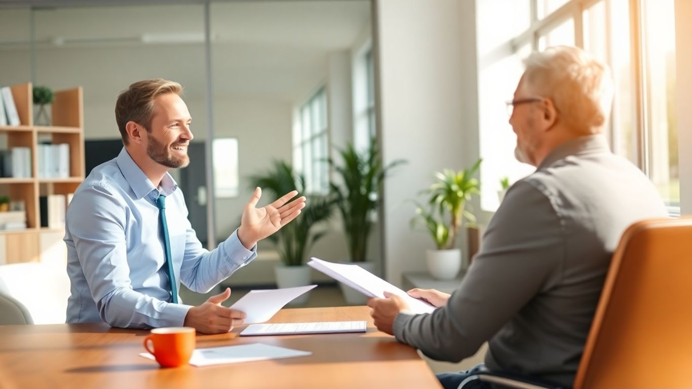 Versicherungsberater und Kunde im Gespräch im Büro.