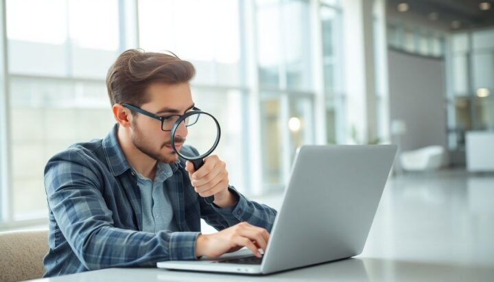 Person with magnifying glass looking at laptop for insurance comparison.