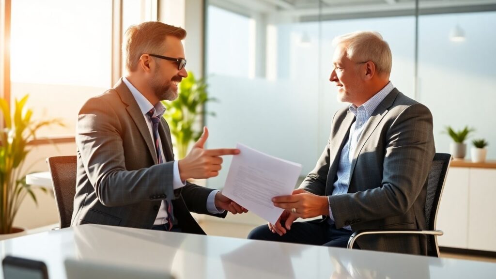 Versicherungsberater und Kunde im Gespräch im Büro