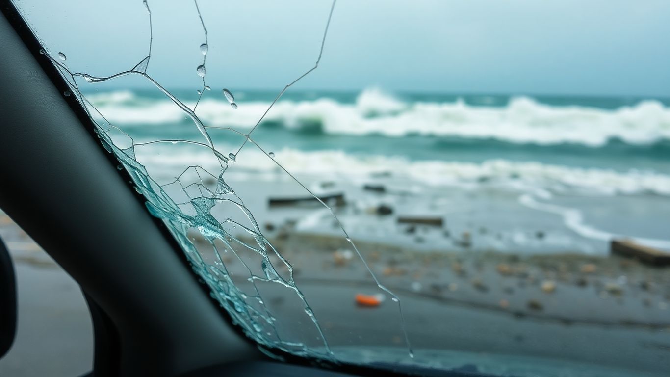 Kaputte Autoscheibe nach Sturmflut