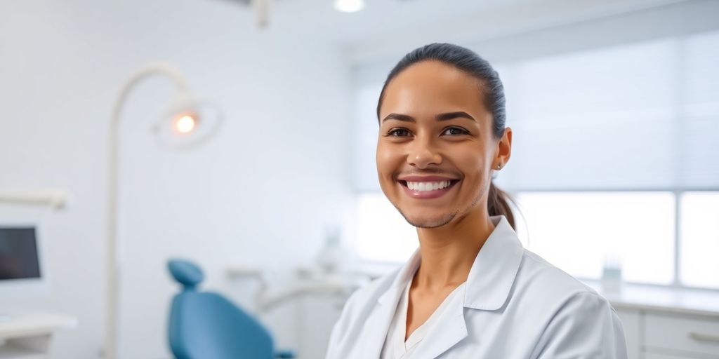 Lachender Zahnarzt in heller Praxis