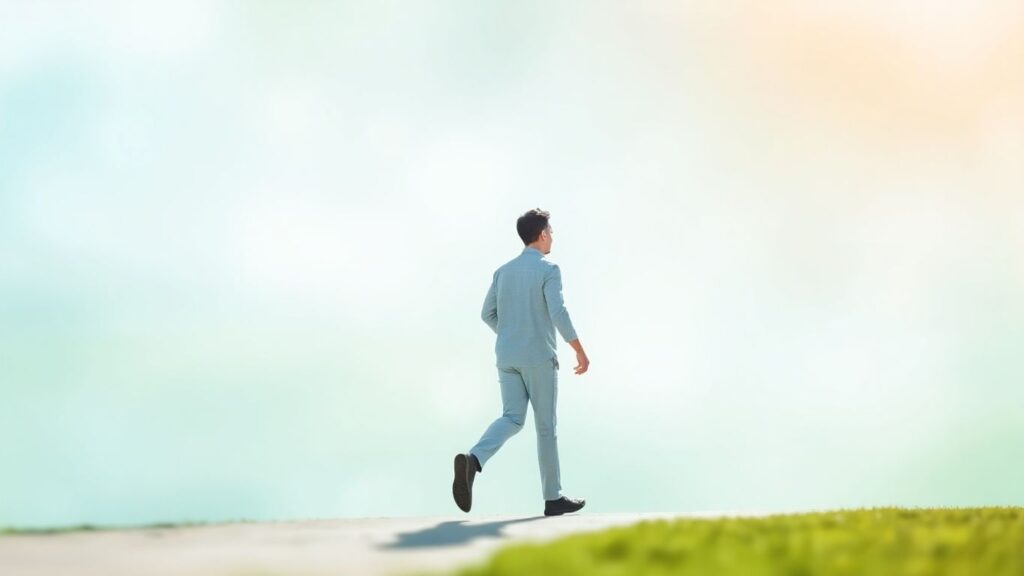 Person geht auf hellem Weg, Fragezeichen im Hintergrund.